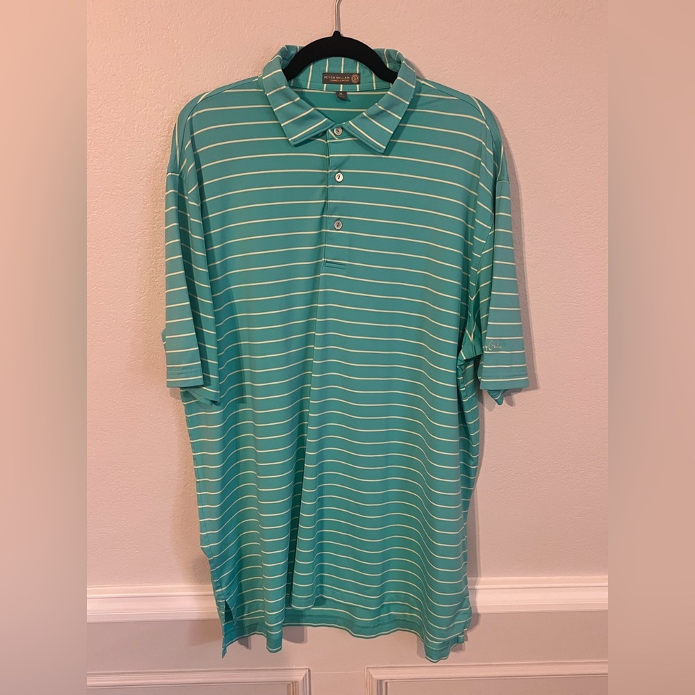Peter Millar Summer Comfort Polo XL Striped Green And White Embroidered Sleeve